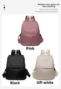 Detailed view of fashionable anti-theft oxford backpacks in pink, black, and beige colors