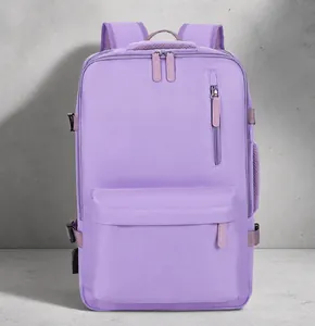 Front view of a purple multifunctional travel backpack with waterproof nylon fabric details