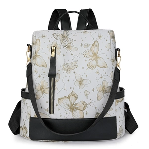 Fashion Women Backpack PU Leather Butterfly Constellation Print School Bag Large Capacity Travel Daypack Contrast Color Elegant