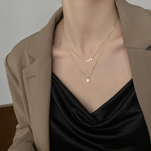 Layered Necklace With Good Luck Engraved Round Coin Pendant Copper Minimalist Clavicle Chain For Women