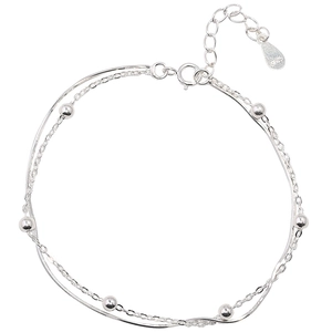 Minimalist double-layered silver bracelet with round beads and snake chain design