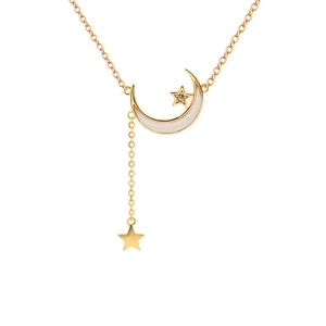 Collana in argento S925 dorato con ciondolo luna, stelle e intarsio in madreperla