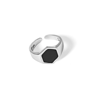 Minimalist S925 sterling silver open ring with hexagon black onyx center for women