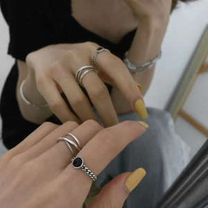Minimalist S925 sterling silver multilayer cross and vintage black stone open ring set