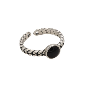 Minimalist S925 sterling silver cross twisted open ring with a round black center stone