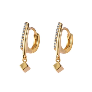 Gold cube drop earrings with cubic zirconia inlay on hoop, elegant minimalist jewelry