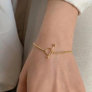 Minimalist gold-plated S925 silver bead chain bracelet with OT toggle clasp for women