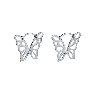 Hollow butterfly hoop earrings in silver finish with elegant cutout filigree details
