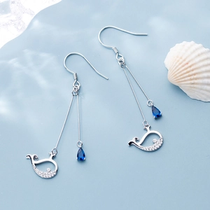 S925 silver long drop earrings with whale pendant and blue teardrop crystal on ocean wave
