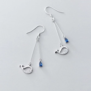 Detail of S925 silver earrings with blue crystal water drop and pavé whale pendant
