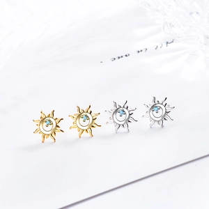 Elegant S925 silver sunflower stud earrings set with blue zircon in gold and silver