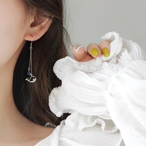 Elegant S925 silver whale tail tassel earrings with blue water drop gems and small diamonds