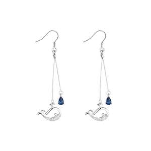 S925 silver whale drop earrings with blue waterdrop tassels and shimmering zircon stones
