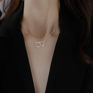 Elegant S925 sterling silver geometric necklace with circular and triangular pendant for women