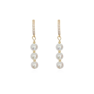 Elegant gold S925 silver earrings with sparkling zircon and three white freshwater pearls