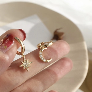 Elegant gold plated S925 silver asymmetric star and moon hoop earrings with cubic zirconia