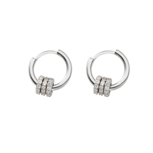 S925 silver hoop earrings featuring three small zircon-encrusted rings in a minimalist style