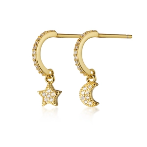 Asymmetric Star Moon Dangle Hoop Earrings With 925 Sterling Silver Earring Post Copper Cubic Zirconia Elegant Jewelry