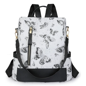Women's white nylon backpack with butterfly constellation patterns and black contrast trim