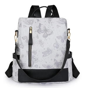 Modern nylon backpack with gray butterfly print and starry sky pattern and black straps