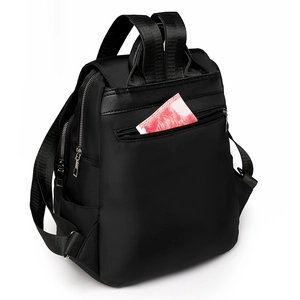 Detail view of the black nylon anti-theft backpack showing the rear zipper pocket