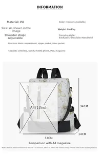 Detailed dimension guide for white PU backpack showing 34x32x14cm size and A4 capacity