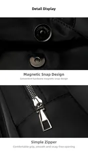 Detail view of smooth metal magnetic buckle and silver zipper on black oxford fabric