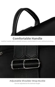 Detail of comfortable leather handle and durable nylon strap with metal buckle