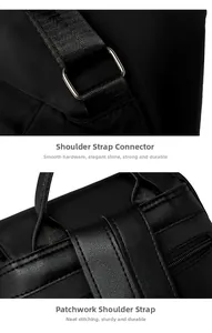 Close-up of metal strap connectors and reinforced stitching on black oxford backpack