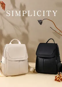 Front view of structured oxford fabric backpacks in cream and black with flap closure
