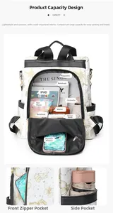 Detail view of white nylon backpack featuring large capacity for iPad and gold butterfly prints