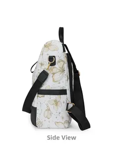 Side view of white nylon backpack featuring golden butterfly embroidery and metal buckles