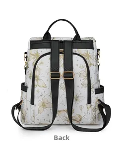 Back view of white nylon backpack featuring golden butterfly prints and anti-theft zipper