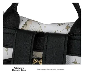 Close-up of durable reinforced stitching on star pattern canvas and leather backpack strap