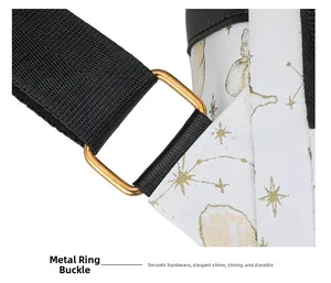Close-up of golden metal buckle connecting black nylon strap to white embroidered backpack