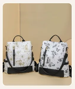 Detail of floral butterfly pattern and texture on fashionable nylon backpack