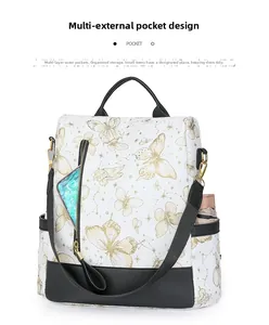 Nylon backpack detail showing multiple outer pockets for phone and umbrella storage