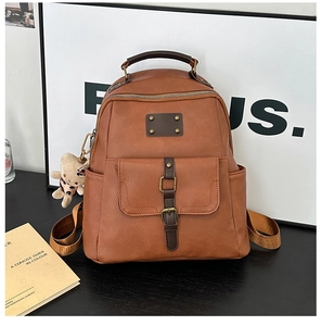 Detail of a brown vintage faux leather backpack with metallic zippers and plush bear charm