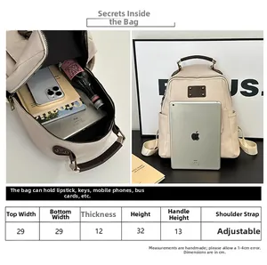 Size chart and capacity detail of the vintage beige backpack showing interior and iPad scale