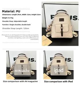 Detailed dimensions of beige PU leather backpack with brown trim and bear charm