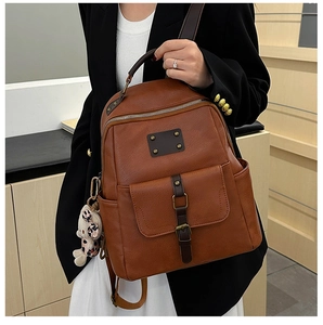 Macro detail of retro brown PU leather backpack texture and side pocket for water bottle