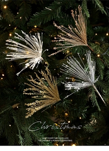 Macro detail of glitter Christmas tree picks with sparkling fringe and beads