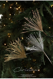 Close-up of glittered Christmas tree branches in gold, silver, and bronze festive colors