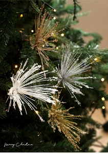 Close-up of glittery starburst Christmas tree picks in gold, silver, and rose gold colors