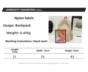 Detailed size chart and lightweight nylon backpack specs with 31x16x43cm dimensions
