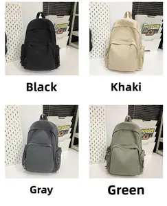 Minimalist large capacity nylon backpacks shown in black, khaki, gray, and green colors