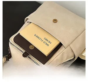 Detail view of the beige backpack front pocket with brown faux leather trim and magnetic closure