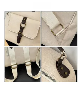 Detail shots of pebble leather backpack with vintage metal buckles and nylon straps