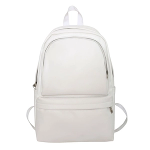 Minimalist white PU leather backpack for women with front zipper pocket and side slots