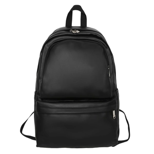 Minimalist black PU leather backpack for students with large main compartment and front pocket